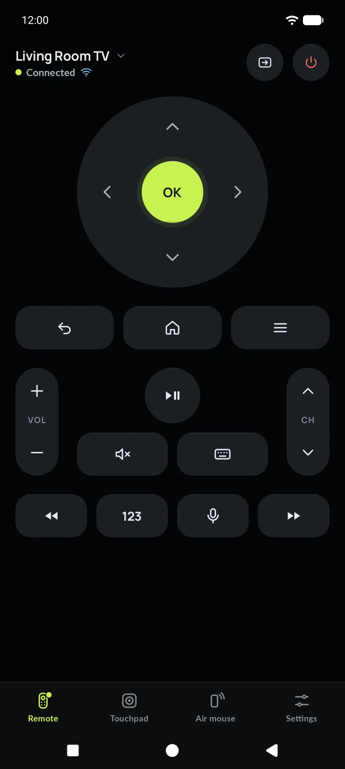 The Remote tab: D-pad with OK, Back, Home and Menu, volume and channel rockers, play and pause.
