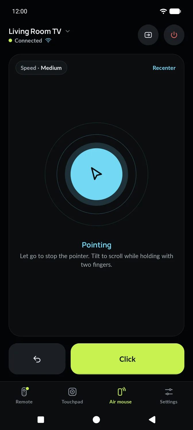 The Air mouse tab: a large round orb to hold while pointing, with sensitivity and recenter controls.